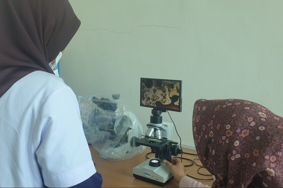 Mahasiswa Akuakultur Identifikasi Bakteri Probiotik Menggunakan Mikroskop Foto di Laboratorium Mikrobiologi